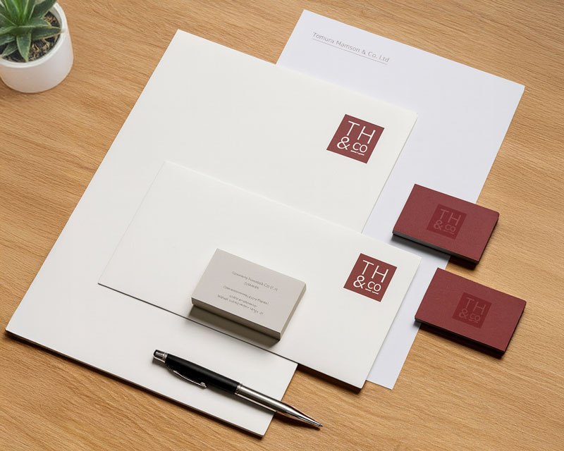 Papelería corporativa impresa a color sobre mesa